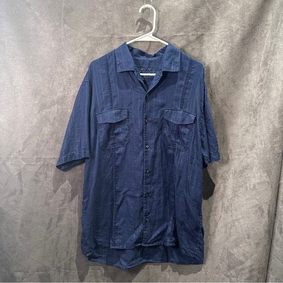 Tommy Bahama Linen Camp Shirt Pintuck Pleats Dual Pockets Navy Blue Men’s L - Picture 4 of 11